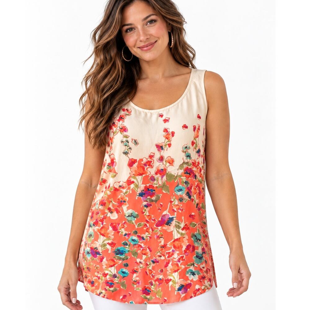Anthro Maeve Ludovica Silk Floral Tank Womens Medium Coral Watercolor *Modified
